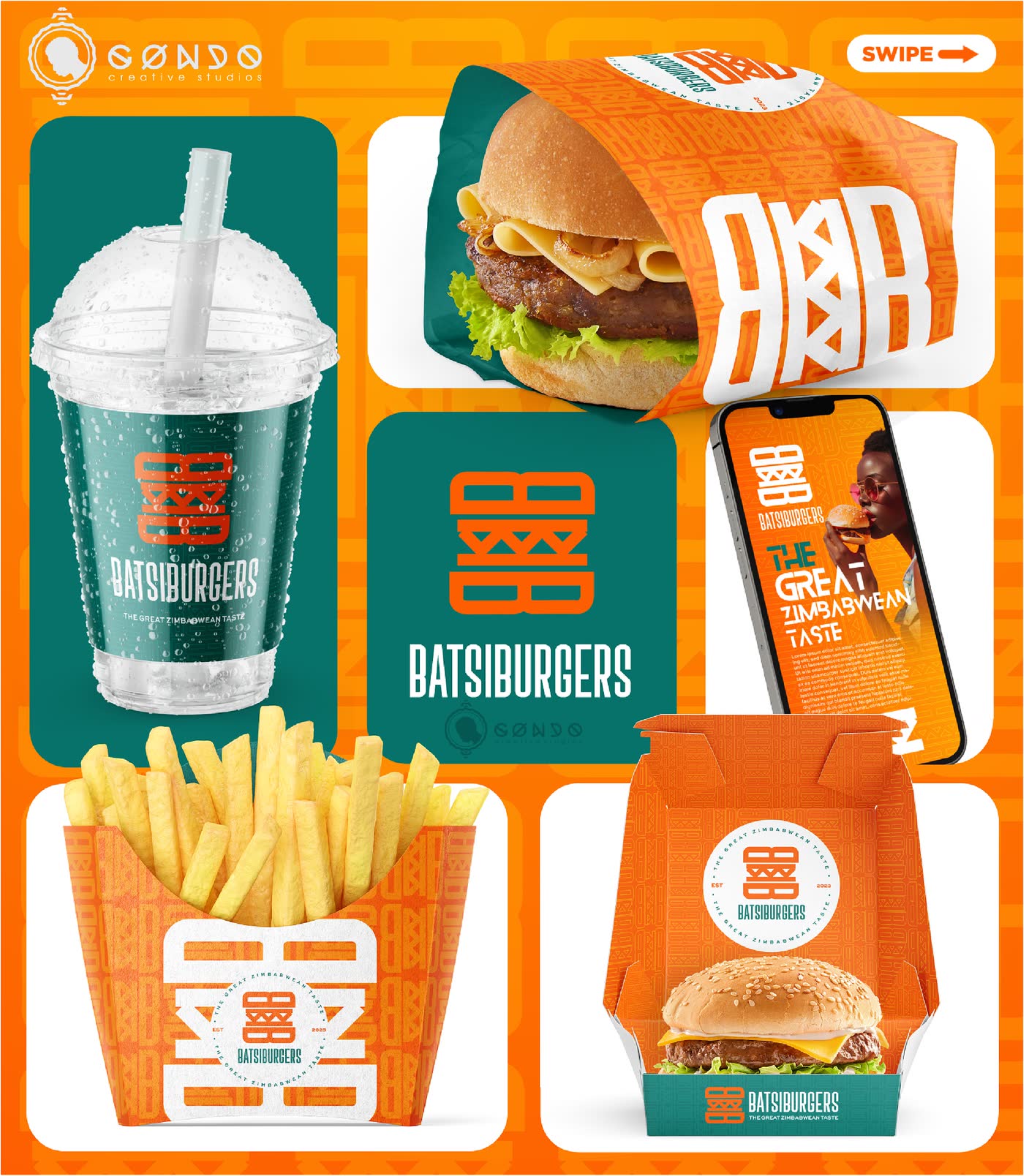 A burger bar identity across a cup, wrapper, phone and box in orange and teal