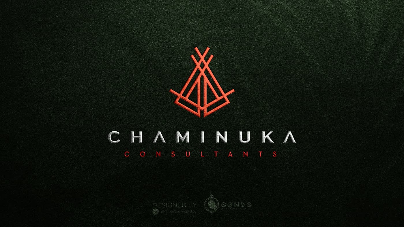 A red geometric emblem above a silver wordmark on dark green