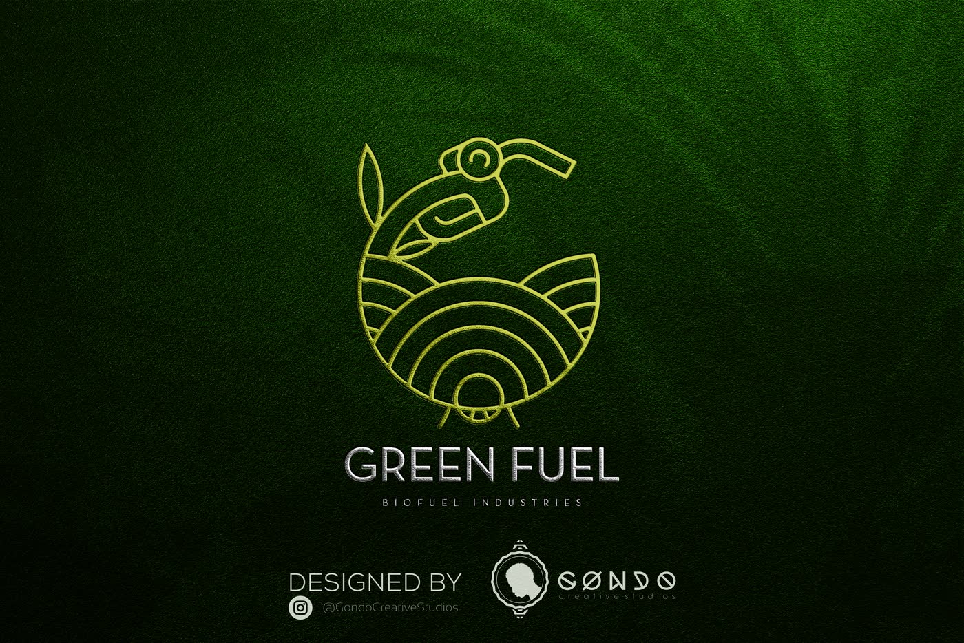 A foil-embossed line logo of a fuel nozzle and fields on green