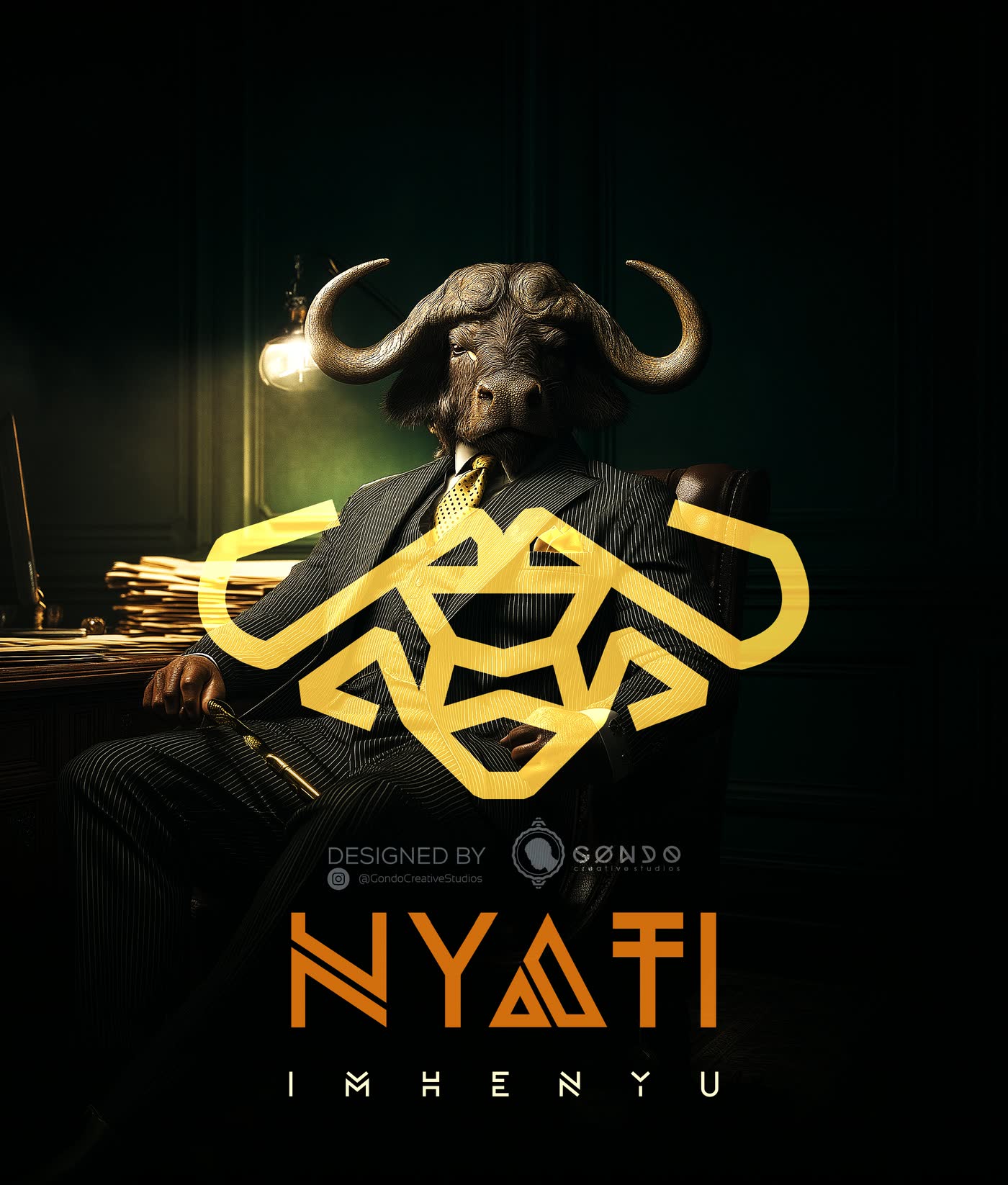 A gold buffalo emblem over a seated figure in a dark study