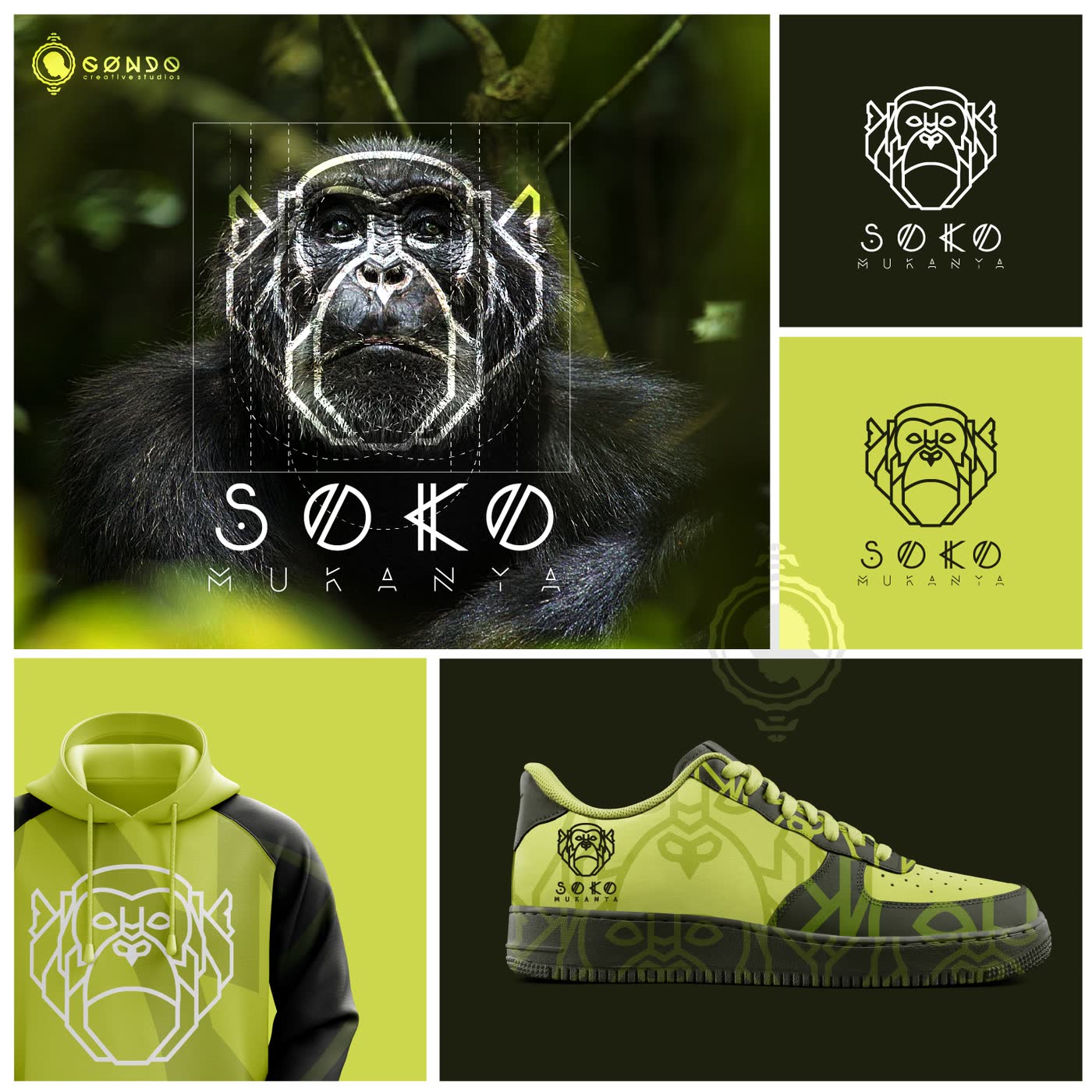 A baboon emblem on olive apparel and trainers