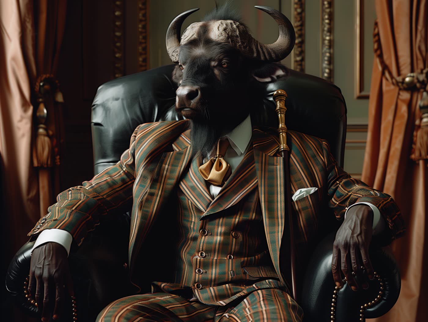 A buffalo-headed figure in a striped suit seated in a leather armchair, a generated family crest concept