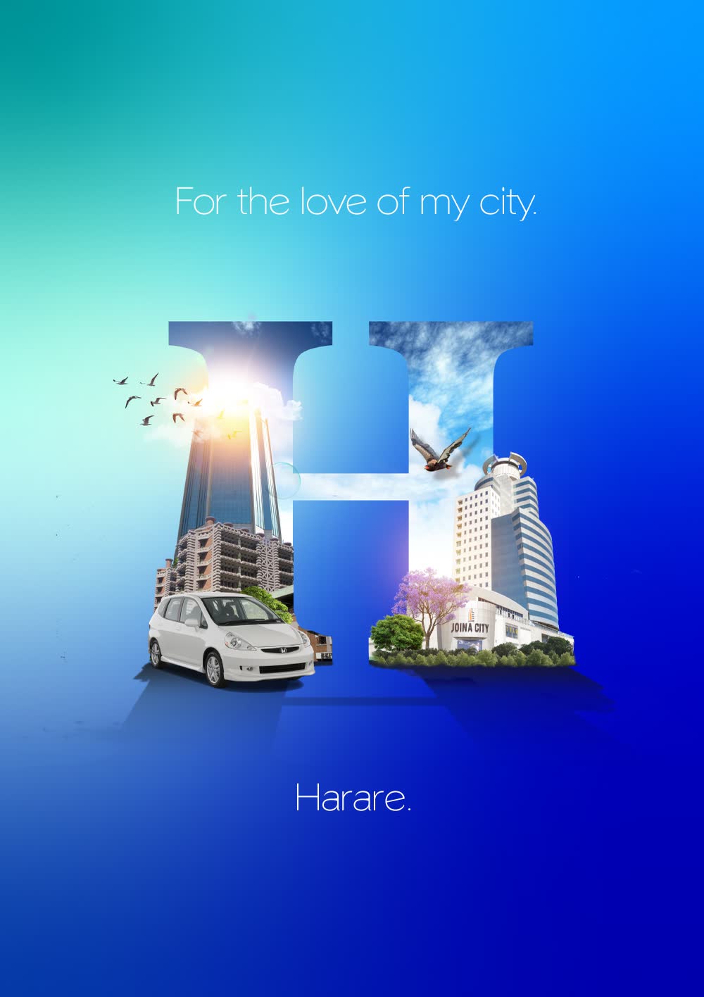 A large letter H filled with the Harare skyline over blue