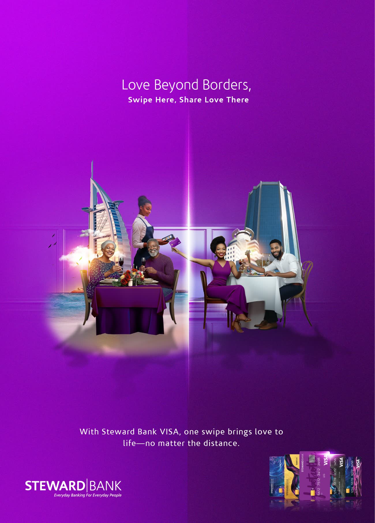 Two dinner tables split across a purple field, one by the sea and one in a city