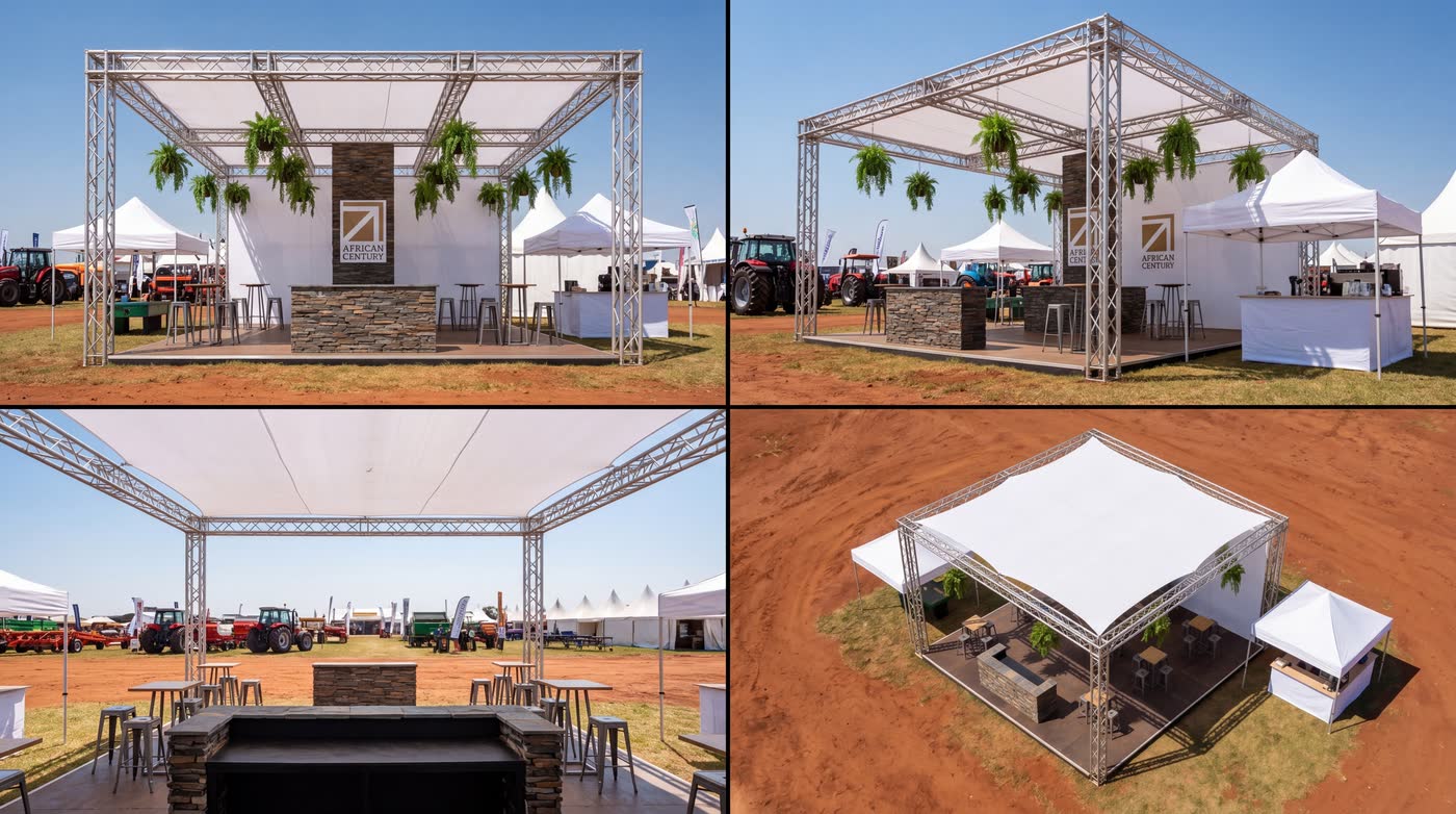 Four views of a white canopy stand on a truss frame with a stone bar