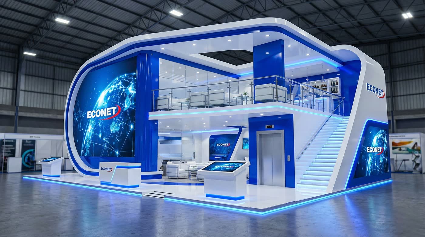 A two-storey exhibition stand in blue and white with a mezzanine and a curved roof