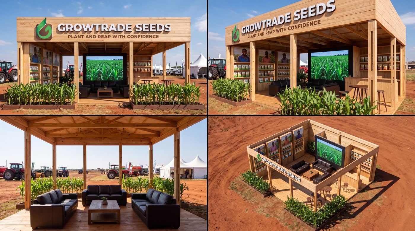 Four views of a timber show stand with maize planted along its front