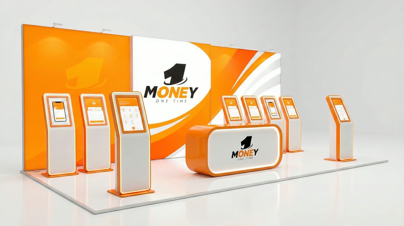 An orange and white exhibition stand with a row of kiosks