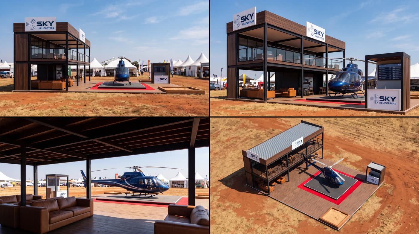 Four views of a timber two-storey show stand beside a helicopter on a pad