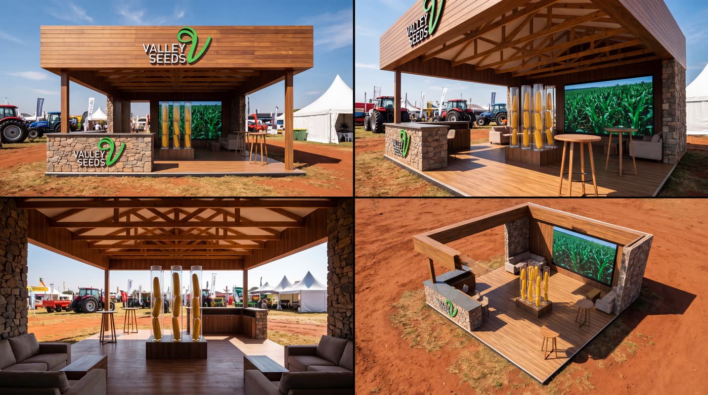 Four views of a timber stand with a maize wall and a stone counter